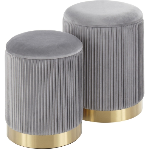 Marla Nesting Pleated Ottoman Set in Grey Velvet & Gold Metal
